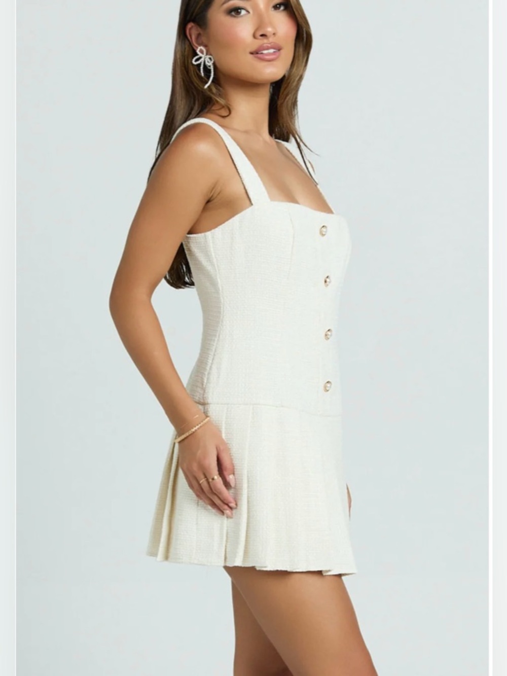 Showpo Cream Button-Front Pleated Mini Dress - Picture 2 of 8